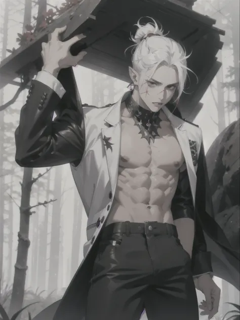 Earrings, Pointy Ears, Red Eyes, Parted Lips, Fang, male, man, white hair, long white hair, man bun, muscular with scars, scars on face, scars on body, open leather jacket, no shirt, black pants, forest, woods