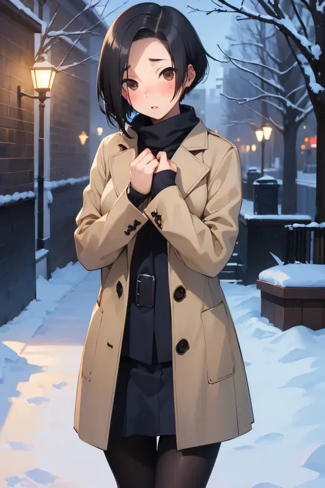 NSFW,masterpiece, best quality, high definition , very detailed,Ah-rinko 、 shorthair、 black hair、 bob cut 、 Long Coat , muffler , pantyhose,snow,blush,Embarrassed