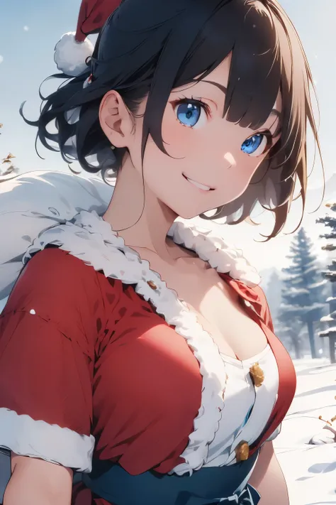 ((Top Quality)), ((Excellent)), (Details), ((Japanese)), Outdoors,((Santa Costume)), ((Extra Close-Up)), Snowman, ((Santa Skirt)), Front View, Stunning Environment, Clear Skies, Snowy Scenery, Black Hair, Shiny Hair, Bob Hair, Snowy Field, Blunt Bangs, ((B...