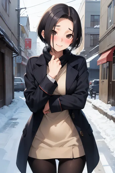 NSFW,masterpiece, best quality, high definition , very detailed,Ah-rinko 、 shorthair、 black hair、 bob cut 、 Long Coat , muffler , pantyhose,snow,blush,Embarrassed,smile,Heavy breathing