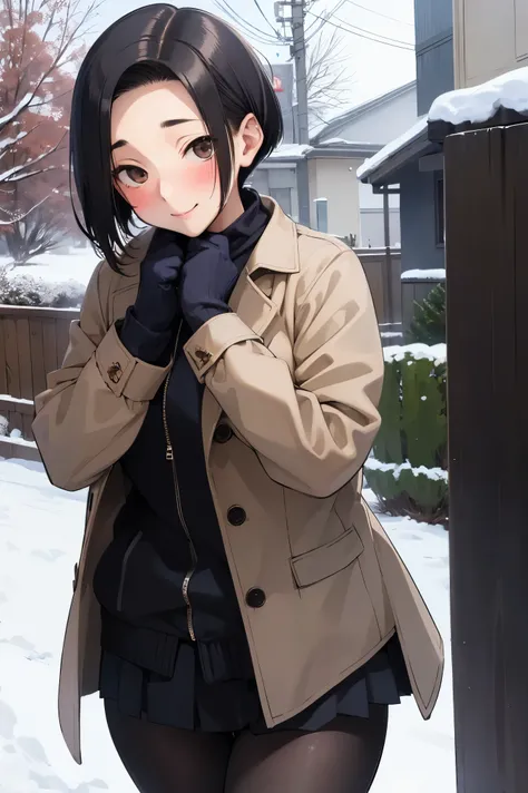 NSFW,masterpiece, best quality, high definition , very detailed,Ah-rinko 、 shorthair、 black hair、 bob cut 、 Long Coat , muffler , pantyhose,snow,blush,Embarrassed,smile,Heavy breathing