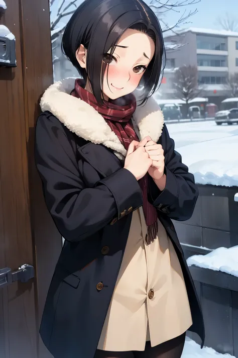 NSFW,masterpiece, best quality, high definition , very detailed,Ah-rinko 、 shorthair、 black hair、 bob cut 、 Long Coat , muffler , pantyhose,snow,blush,Embarrassed,smile,Heavy breathing