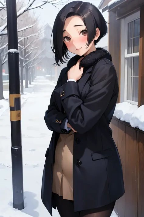 NSFW,masterpiece, best quality, high definition , very detailed,Ah-rinko 、 shorthair、 black hair、 bob cut 、 Long Coat , muffler , pantyhose,snow,blush,Embarrassed,smile,Heavy breathing