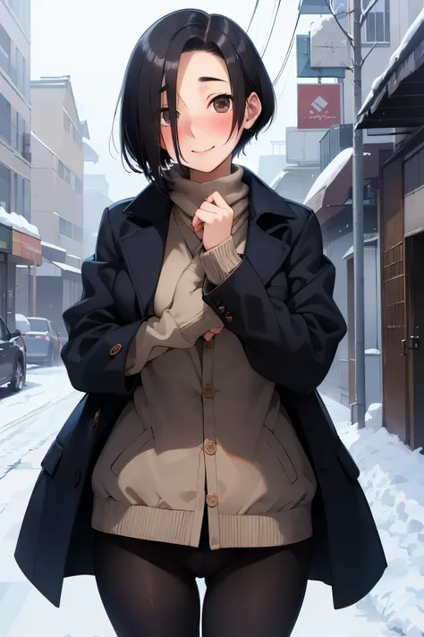 NSFW,masterpiece, best quality, high definition , very detailed,Ah-rinko 、 shorthair、 black hair、 bob cut 、 Long Coat , muffler , pantyhose,snow,blush,Embarrassed,smile,Heavy breathing