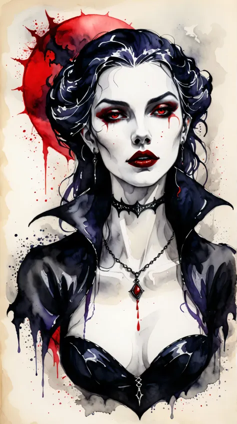 Ink and watercolor illustration on parchment. In the midst of a fantasy realm, a mysterious female vampire. head only. red lips. gothic aesthetic. aggressive.
