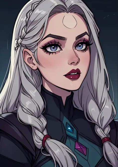 masterpiece, best quality, 1female, beautiful, face portrait, deep makeup, 1girl, face focus, long hair, dark hair, lipstick, goth, diana (league of legends), makeup, pale skin, straight hair, gray eyes, braided hair
