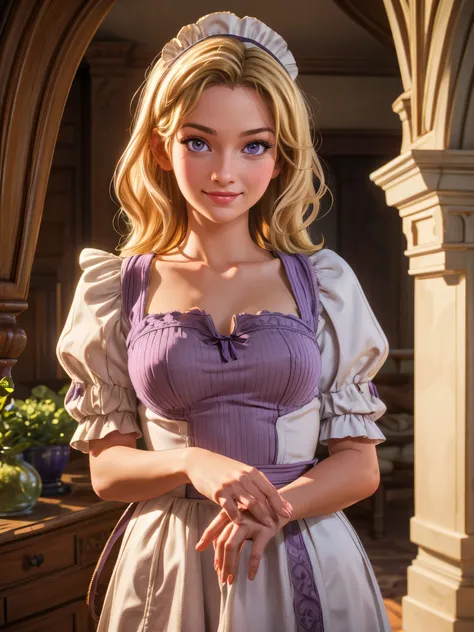 a beautiful young maid with blonde hair and purple eyes, smiling, detailed facial features, intricate maid outfit, elegant and beautiful, in a warm and cozy interior, natural lighting, highly detailed, 8k, photorealistic, realistic lighting, vibrant colors...