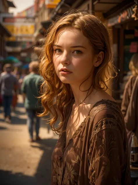 Photorealistic photo of young ginger woman wondering in old market i Tailand, soft smile, art by midjorney, luminism, ultimate intricate shadow - light contrast, IPA award wining masterpiece, artistic lens, warm colors, art by Tim Burton