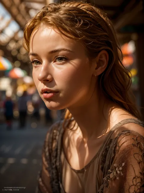 Photorealistic photo of young ginger woman wondering in old market i Tailand, soft smile, art by midjorney, luminism, ultimate intricate shadow - light contrast, IPA award wining masterpiece, artistic lens, warm colors, art by Tim Burton