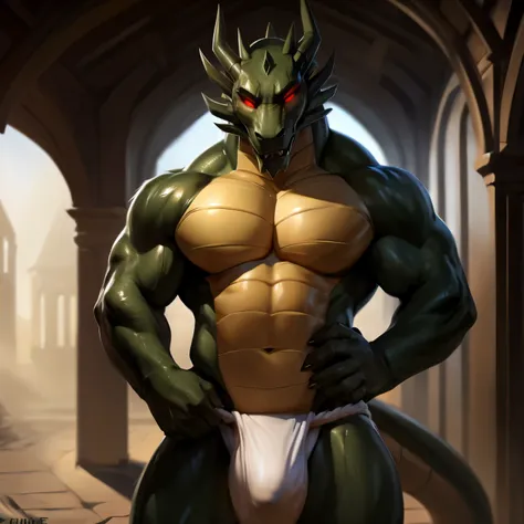 Shendu, Male, Solo, Muscular Body, Big Pectorals, Dark Green Body Color, Glowing Red Eyes, Wearing Fundoshi, castle hallway, Mist on Background, Wet Body, Wet Fundoshi, Bulge, Tail, Scales, Furless, Claws, Hands on Waist, Standing, Grinning, Dragon Teeth, ...