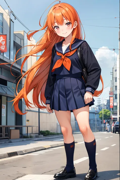 at Japan city, afternoon, 1girl, height 150cm, Junior-highschool student, orange hair, long hair, bangs, (gray color eyes, slant eyes), tsurime, smiling face, flat chest, (long sleeve sailor suit, navy color seilor suit), (navy color skirt, long pleated sk...