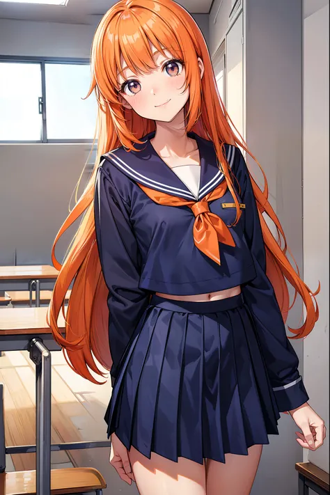 at school room, afternoon, 1girl, height 150cm, Junior-highschool student, orange hair, long hair, bangs, (gray color eyes, slant eyes), tsurime, smiling face, flat chest, (long sleeve sailor suit, navy color seilor suit), (navy color skirt, long pleated s...