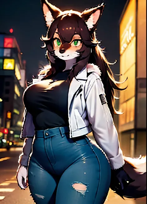 ((masterpiece, best quality:1.4)), fluffy,
furry female, solo, looking at viewer, anthro,
Coyote, furry coyote, brown hair, long hair, ponytail, light brown fur, green eyes, large breasts, wide hips, leather jacket, torn jeans, open jacket, long tail,
toky...