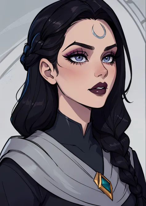 masterpiece, best quality, 1female, beautiful, face portrait, deep makeup, 1girl, face focus, long hair, dark hair, lipstick, goth, diana (league of legends), makeup, pale skin, straight hair, gray eyes, braided hair