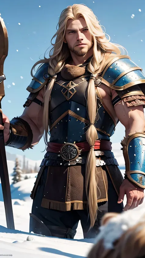 Viking with long blond hair. Armor with animal skins. Next to a big bear. In a snowy field.