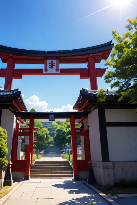  entrance to a Japanese anime school, Anime school, anime style school ,  classical anime Japanese school , clear sky,  few students in the background ,  entrance gate to a Japanese school,  Japanese classical school 