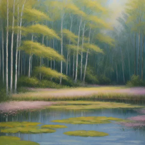 paintings,impressionism,a swampy pond hidden in the forest, at spring, at night. On all sides surrounded by tall fir trees. nature,scenery,beautiful gardens,colorful flowers,serene atmosphere,water lilies, reflections on the water surface. ,soft brushstrok...