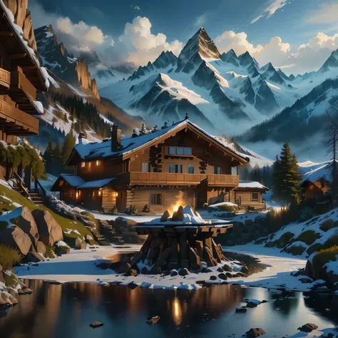 mountains are in the background, 4k highly detailed digital art, 8k high quality detailed art, log cabin beneath the alps, highly detailed digital artwork, 4 k highly detailed art, incredibly high detailed, very high detailed, highly detailed 4 k art, 4k d...