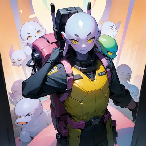 (masterpiece, best quality), an (alien:1.3), male, all-lilac skin, yellow eyes, (comical facial expression:1.1), smiling, funny, cool explorer outfit, backpack on his back