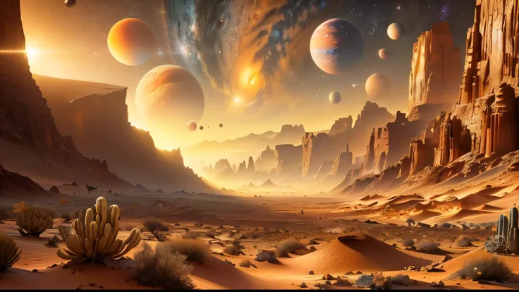  there is a picture of a desert with many planets , planetary landscape , amazing Alien Landscape, beautiful Alien Landscape, stunning Alien Landscape,  4k highly detailed digital art , Exoplanet landscape ,  Epic science fantasy illustration , Alien Lands...