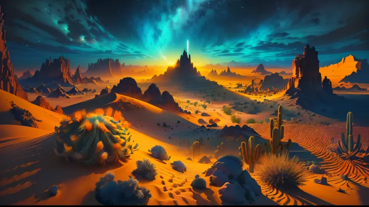  a painting of a desert scene with a desert and cacti,  4k highly detailed digital art , , beeple e Jean Giraud,  Inspired by Mike Winkelmann ,  4k hd very detailed wallpaper , Surreal alien realm,  8k stunning artwork , Fantasy Desert Crystal Island ,  ep...