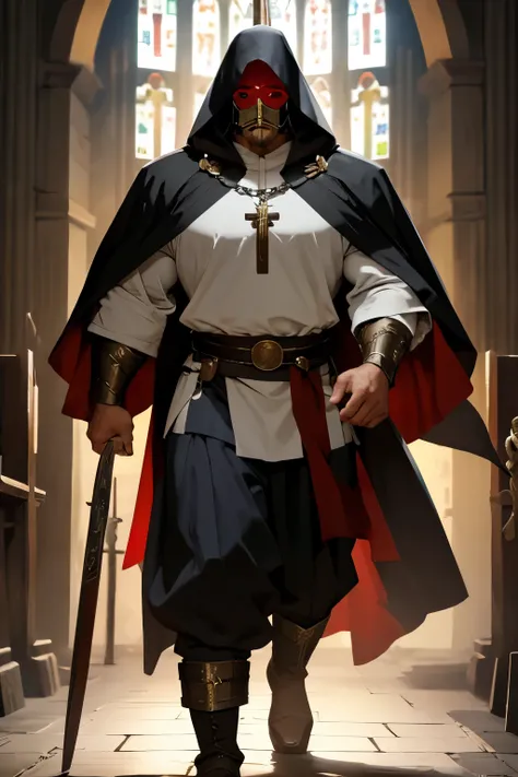 big man, high,  giant muscles , muscular, Religious , priest, light clothes, a hood over the head ,  a macabre mask covering part of the face,  light medieval clothing ,  black boots , whole body