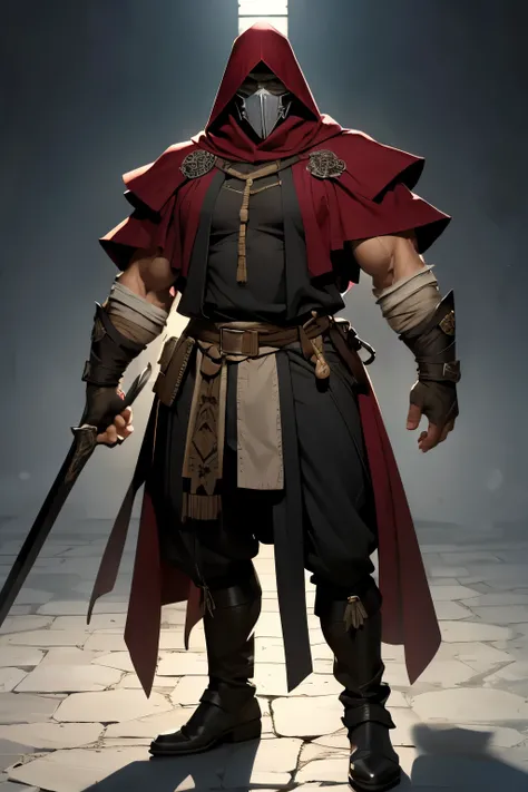 big man, high,  giant muscles , muscular, light clothes, a hood over the head ,  a macabre mask covering part of the face,  light medieval clothing ,  black boots , whole body