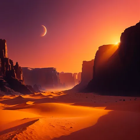  desert scene bustling with a moon and a distant sky,  stunning alien landscape ,  beautiful alien landscape , Amazing alien landscape,  Alien Desert Planet ,  Alien desert , Martian landscape,  Martian sand background ,  breathtaking alien landscape ,  th...