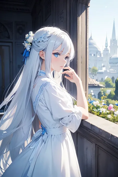 1 girl, white hair, platinumm hair,  white clothes ,  sitting at the window looking out into the distance,  camera is outside pointing at the girl inside the palace looking at the garden,  full body ,,  masterpiece ,  best quality, inside a palace , palace...