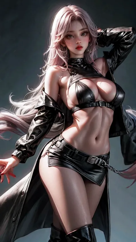 woman, Pink grey hair , Green Eyes,  wearing a black crop top shirt,  Long Black Jacket  ,  red checked skirt  , (  black knee-high boots  ),  Black Fingerless Gloves ,  exposed shoulder , (whole body), Big breasts Freckles, ,  abs,  watch viewers,  Master...