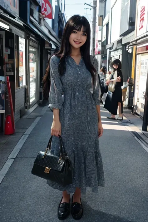 1japanese girl, cute dress, flats, long hair, bang, black hair, hand bag, smile, standing, in street of harajuku, BREAK, (full body shot) BREAK, (masterpiece, best quality:1.4), (8k, raw photo, photorealistic:1.2), ultra high res, detailed skin, detailed f...