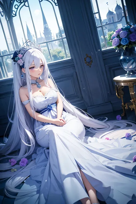  Anime girl,  White hair, pink eyes,  white hair at the root with the tips of blue and purple at the end ,  long hair goes down to the floor , vestido azul e branco longo com blue roses e brancas na roupa e no cenário, inside a palace, castle, PALAZZO , Pr...