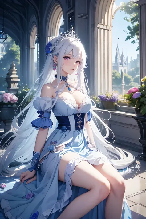  Anime girl,  White hair, pink eyes,  white hair at the root with the tips of blue and purple at the end ,  long hair goes down to the floor , vestido azul e branco longo com blue roses e brancas na roupa e no cenário, inside a palace, castle, PALAZZO , Pr...