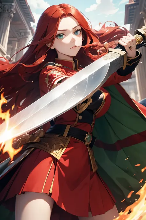  Anime girl,  Strong personality , guard, PROTECTOR,  long red hair , uniforme de guard real, palace, guard da princesa,  wavy red hair,  intense green eyes , warrior,  with sword around the waist ,  next to the princess ,  protecting the princess , with f...