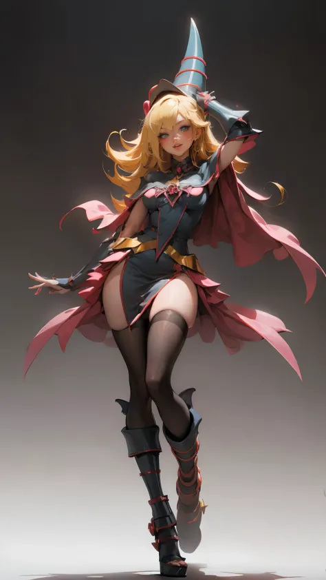 Darck Magician girls , Japanese anime, Beautiful blonde girl in Alice miniskirt in a bright red Santa Claus costume. blonde hair.  green eyes.  red lips. blush on cheek.  She has tall gold boots.  she wears black stockings . She wears a long and tight dres...