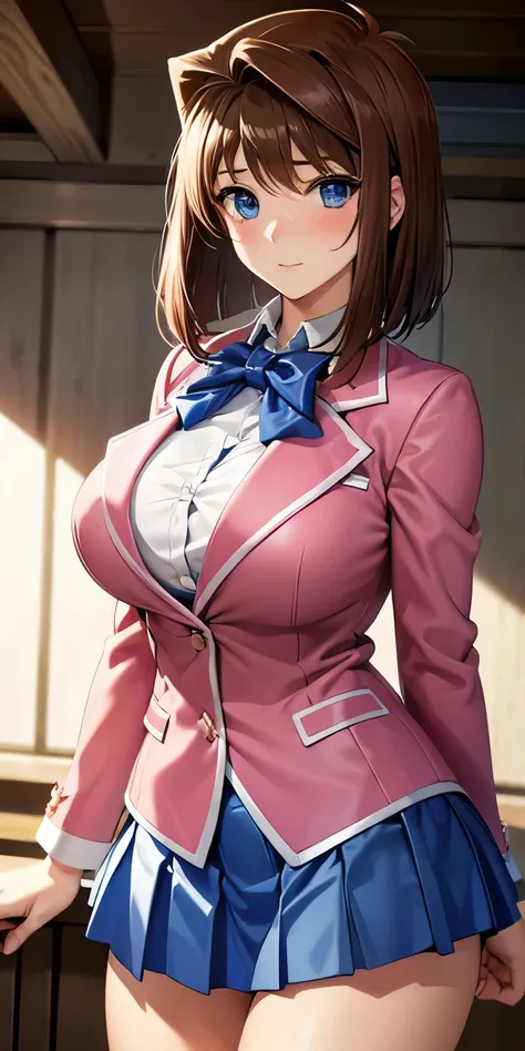 1 Female,High definition,high resolution,Ultra-realistic,8K, aamazaki, (antenna hair:1.2), blue eyes,blue bowtie, pink jacket, blazer, long sleeves, blue skirt, tight skirt, miniskirt,pleated skirt, large breasts,European,sexy,Upper body close-up,Photograp...