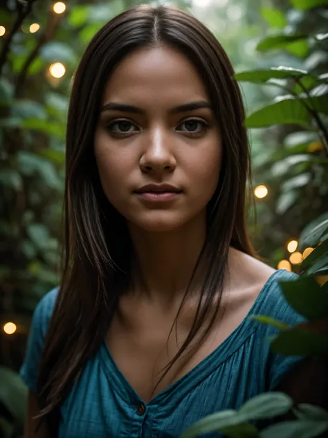 masterpiece, woman walking through jungle at night among fireflies, (high detail:1 1), rough face, natural skin, high quality, beautiful eyes, (detailed face and eyes), (face: 1 2), noise, extra, real photo, PSD, lamp film photography, sharp focus, contras...