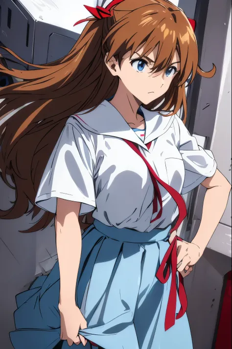  Soryu Asuka Langley 、 light blue skirt、 white cutter shirt、 red ribbon tie 