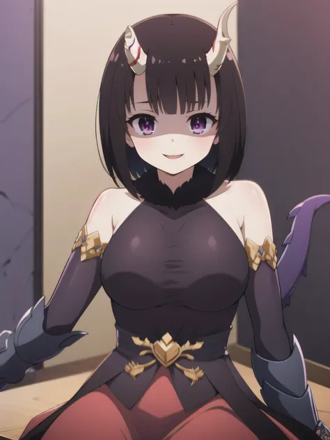 masterpiece,  best quality,  one girl , Heather,  purple eyes,  brown hair on the abdomen,  Short bangs ,  bob cut from the front, Horn, ,,  bare shoulders,  armrest gloves,  gauntlet ,  red skirt,  Fur Trim,  watch viewers ,,2本のHorn,Tail,wicked smile,evil...