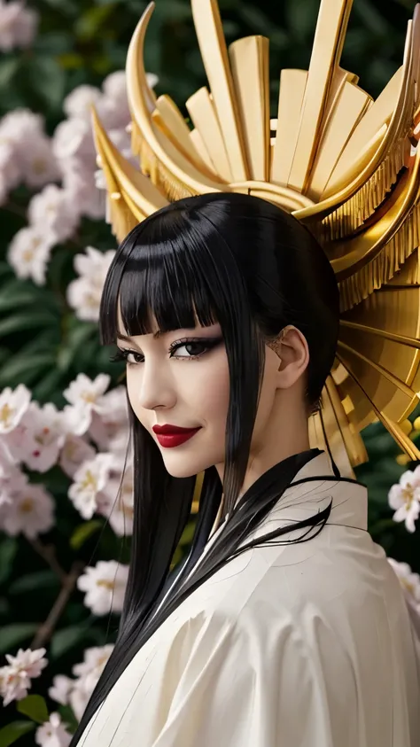 (masterpiece,best quality),SShutaraV4,1 girl,Alone,slight smile,long hair,bangs,blunt bangs,sidelocks,(black eyes),(black hair:1.4),makeup,lipstick,red lipstick,mature,mature female,japanese clothes,kimono,sakura garden background,