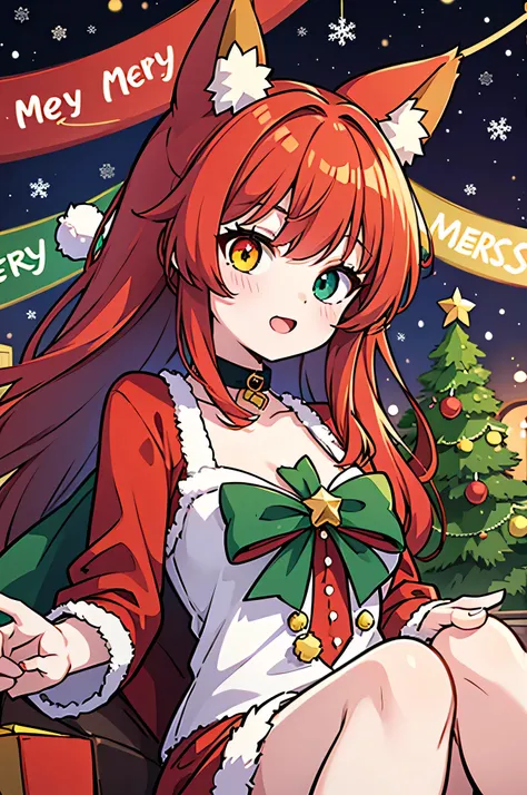 1girl, red hair, long hair, heterochromia, (left eye is yellow, right eye is green), fox ears, christmas outfit, merry chistmas style