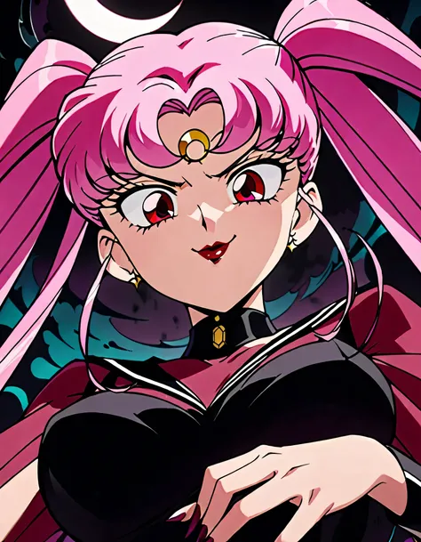  Sailor Moon Wicked Lady, Pink Hair, Red eyes, ,  Black Crescent Moon Mark on Forehead , very evil smirk,beautiful body,shaded face(eyes in evil shadow),((masterpiece,best quality)), absurdes,black dress,upper body,beautiful face,,looking down at viewer,tw...