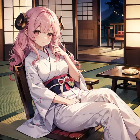 An anime-style illustration of ‘Fua-chan’ smiling warmly while relaxing in a chair at a traditional Japanese inn (ryokan). Fua-chan has long pink hair styled ((in soft curls resembling sheep’s horns,)) and her pink eyes shine with contentment and joy. She ...