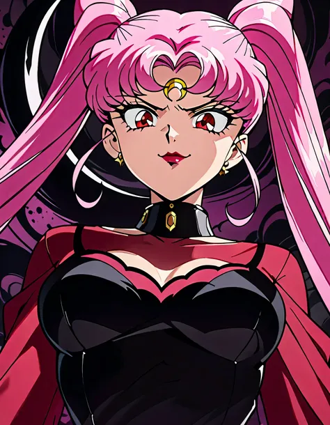 Sailor Moon Wicked Lady, Pink Hair, Red eyes, , Black Crescent Moon Mark on Forehead , very evil smirk,beautiful body,shaded face(eyes in evil shadow),((masterpiece,best quality)), absurdes,black dress,upper body,beautiful face,,looking down at viewer,tw...