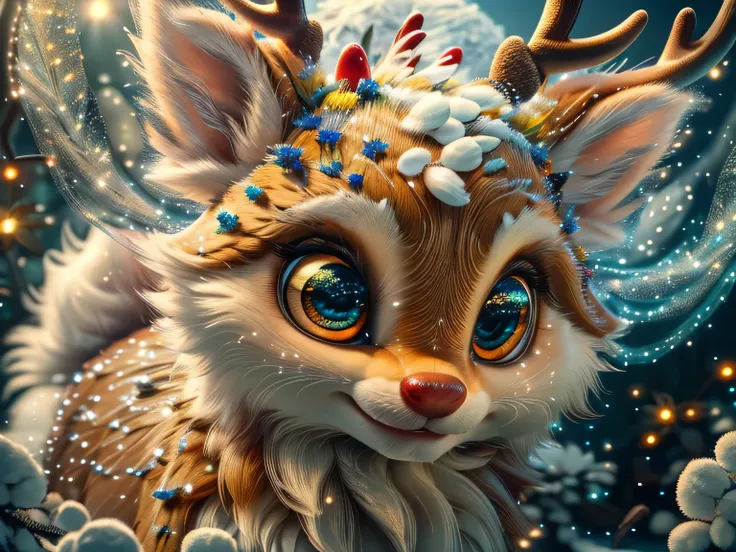 Magical Fantasy Creature, (Best Quality, Masterpiece, Representative Work, Official Art, Professional, Super Detailed, 8k:1.3), (Photorealism:1.2) Super Cute, Big Eyes, Soft, Soft Nose, Fluffy, Double-Toothed Smile, Aurorastyle, Highly detailed Dynamic sho...