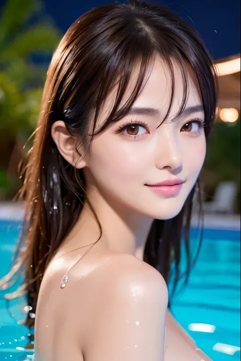 (NSFW:1.1)、 photorealistic、( Perfect Anatomy)female 1 person、age: 32、 is cut in layers、Hair color is brown、Applying blush to the cheeks、Wearing false eyelashes、 silver-colored contact lenses in the resort pool、There are light eyeshadows、 lips are pink and ...