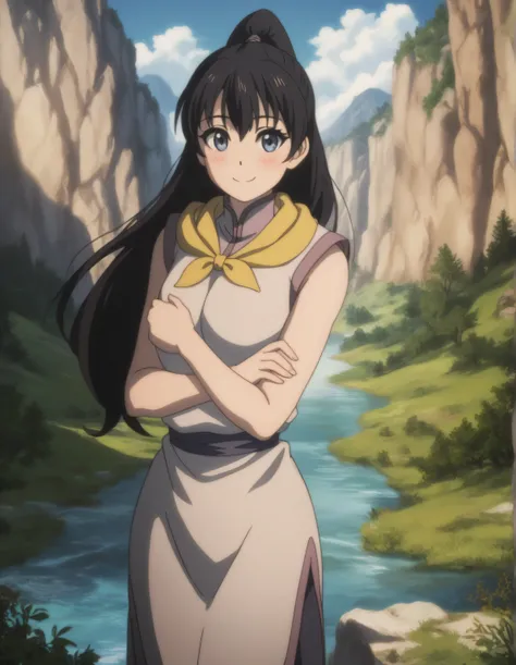 score_9, score_8_up, score_7_up, gsfghtr, multicolored robe, neckerchief, black hair, sleeveless, (long straight hair), cinematic Lighting, 1girl,solo,blush,smile, Valley with Flowing River, blue sky