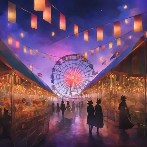 Picture a twilight carnival with ghostly lights twinkling among shadowy tents and mysterious figures wandering through—it’s got a vibe of both wonder and eeriness