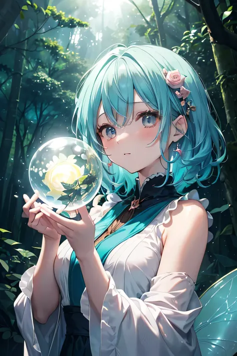 (((The light of the orb envelops the fairy:1.3))),((( cute forest fairy woman )))、Deep in the forest ,((( sunlight filtering through the trees illuminates her :1.3)))、(((aqua blue and rose pink mixed color hair))),( shiny pixie cut hair wrapped in shining ...