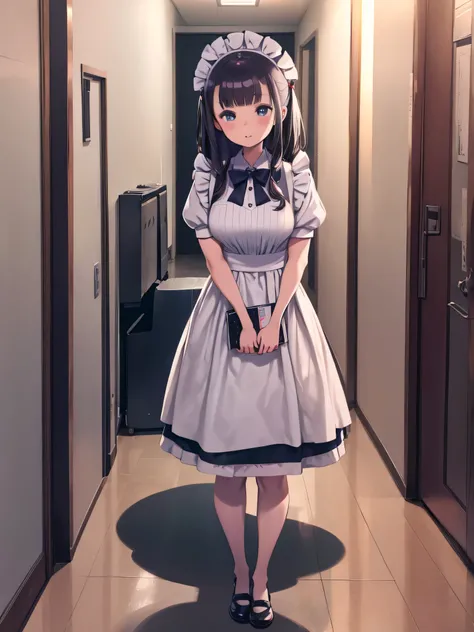  kindergarten teacher who looks like a maid cafe maid「welcome」She says in the hallway .  she bows to her mother and father .  there are lots of babies at her feet .